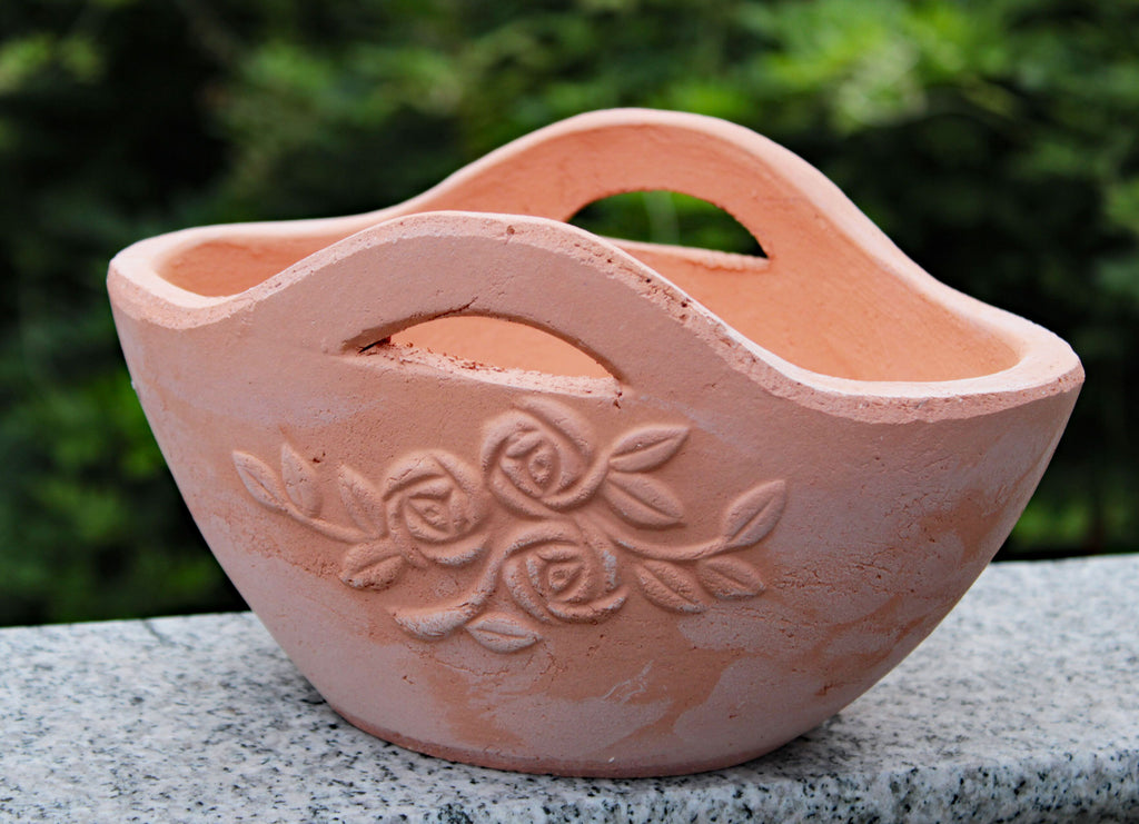 Upgraded Hand-pressed terracotta basket shaped garden planter with embellished flower, 2 colors available