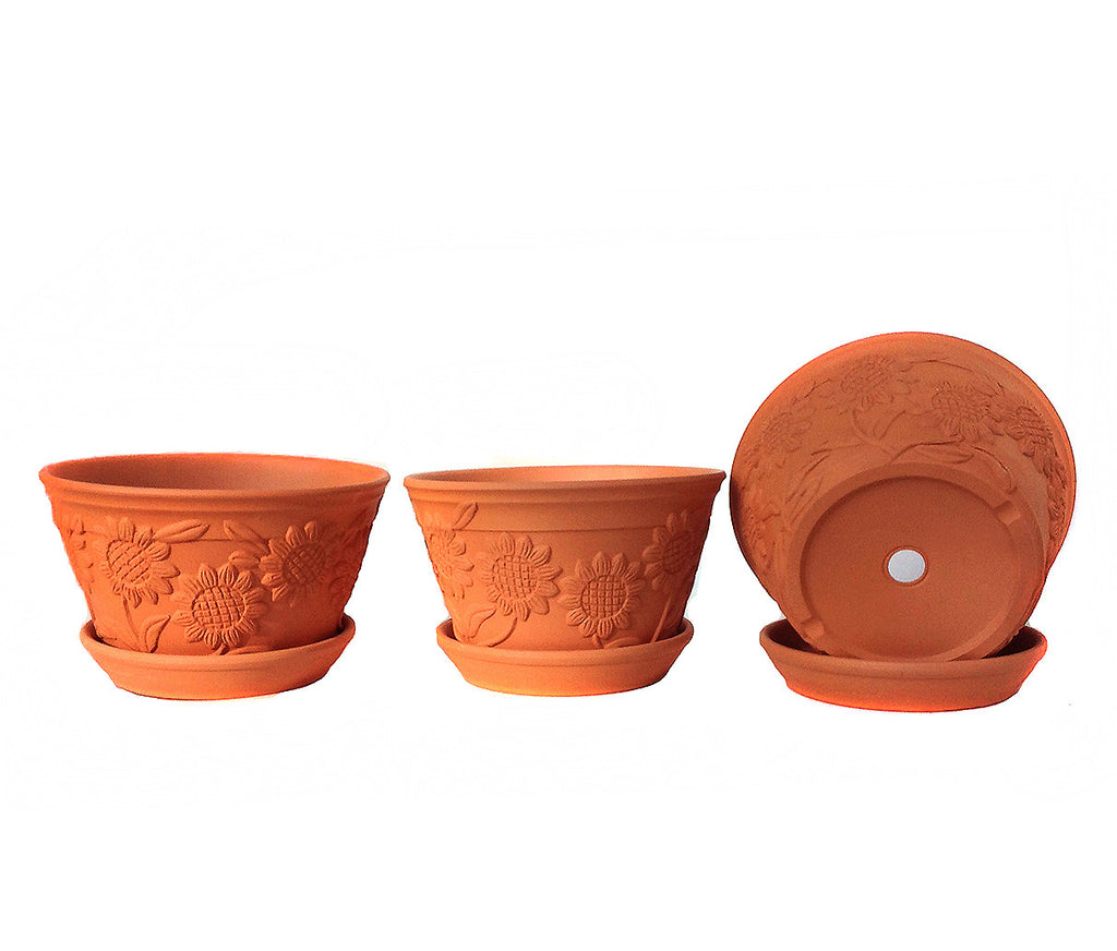 Raised Sunflower Embellished Natural Terra Cotta Garden Pots with Trays