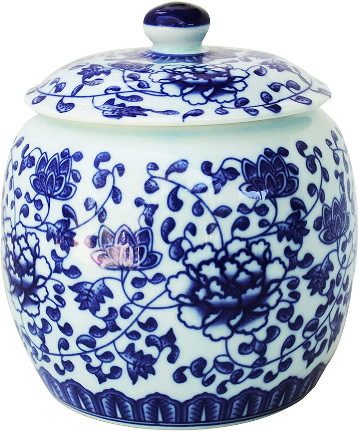 Ancient Chinese Style Blue and White Porcelain Helmet-shaped Temple Jar, blue and white peony
