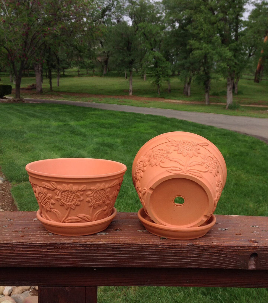 Raised Sunflower Embellished Natural Terra Cotta Garden Pots with Trays