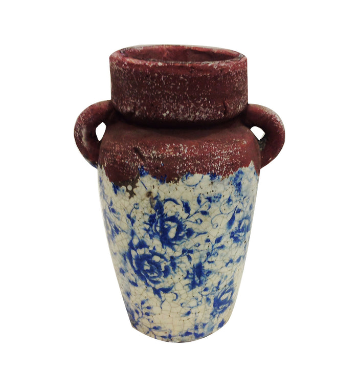 Vintage blue and white ceramic vase. Ancient Asian reproduction of a classic storage jug