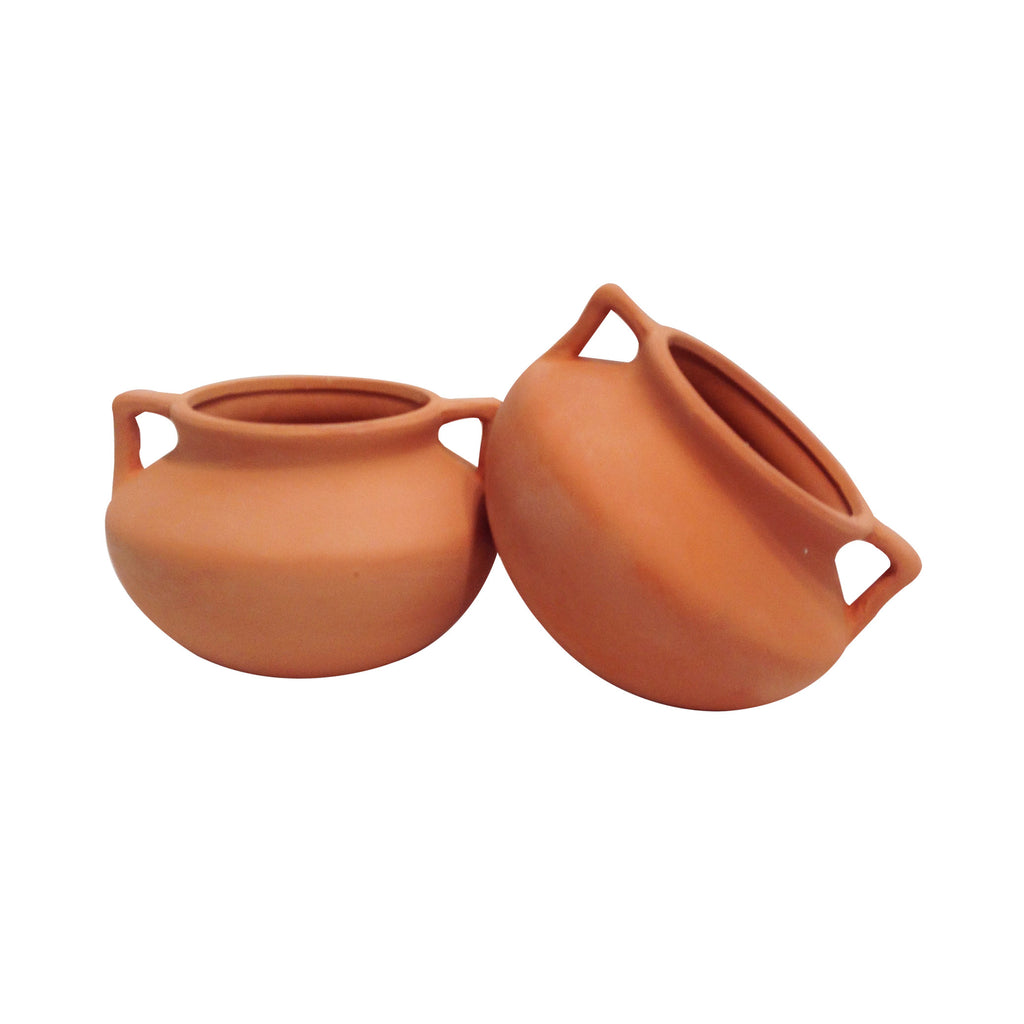 Newly Designed Set of 2 Small Natural Terracotta Round Pots with Handles
