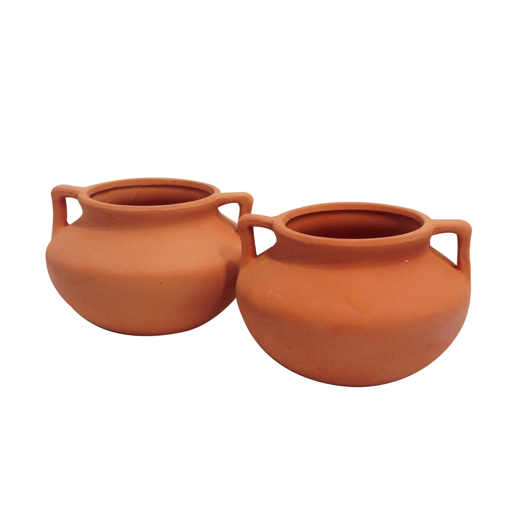 Newly Designed Set of 2 Small Natural Terracotta Round Pots with Handles