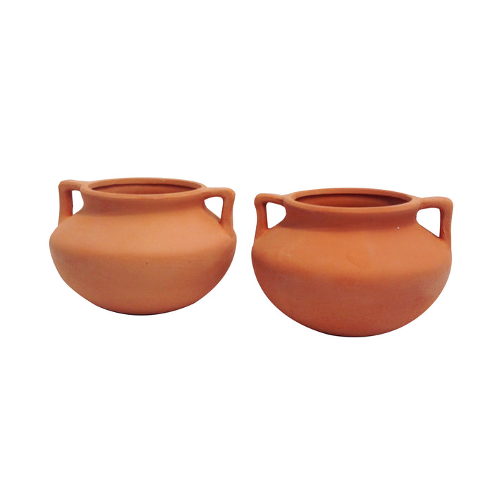 Newly Designed Set of 2 Small Natural Terracotta Round Pots with Handles