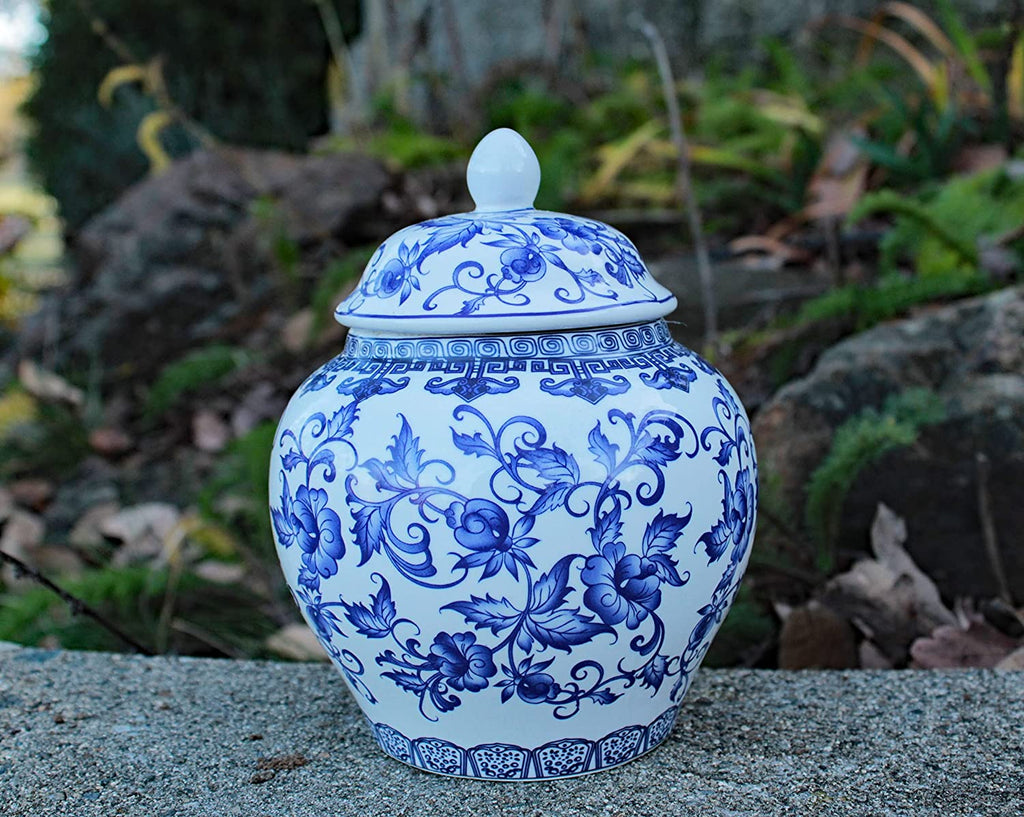 Blue and White Porcelain Decorative Temple Helmet Jar (Floral Vine)
