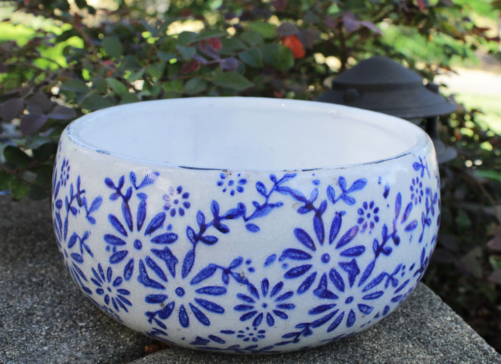 Old World Vintage Blue and White Ceramic Daisy Pattern Garden pots Available in 2 Sizes