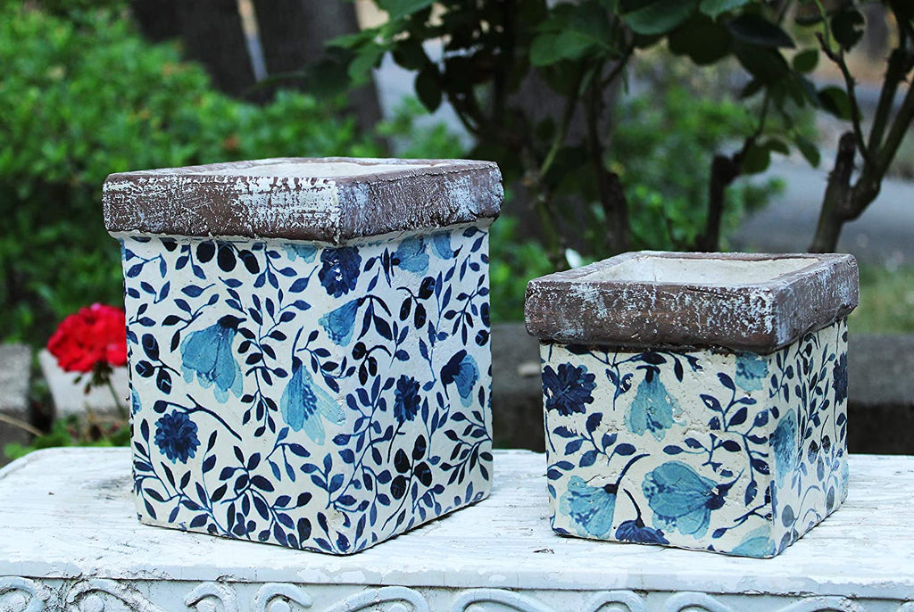 Set of 2 Old World Ceramic Blue and White Asian Floral Square planters or Garden pots