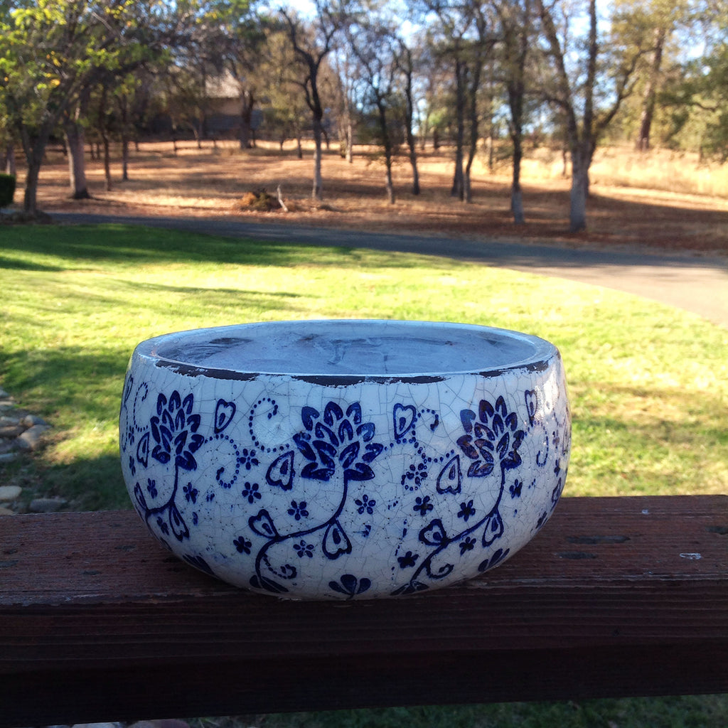 Old world hand-pressed blue and white ceramic floral garden pots, in 2 sizes with 2 prints