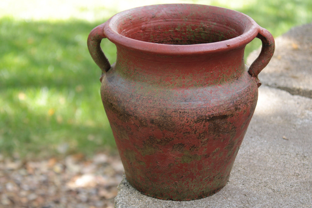 Egyptian Era Designed Earthen Ware Terra-Cotta Vessel/Planter with Looped Handles ,Flared Lip Distressed Red Earth