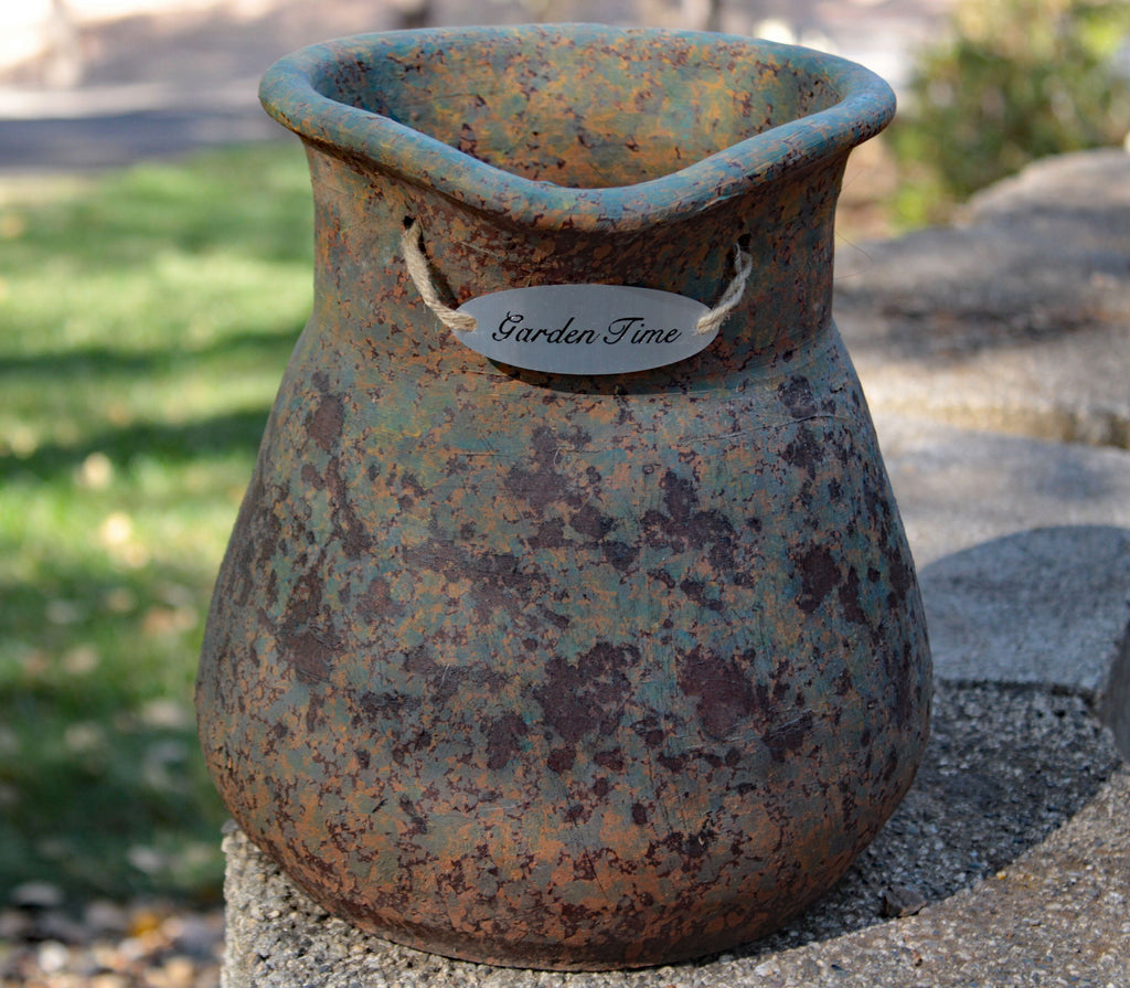 Heavy Large Hand thrown Egyptian Era Pitcher shaped Planters with Metal badged "Garden Time". 2 colors available