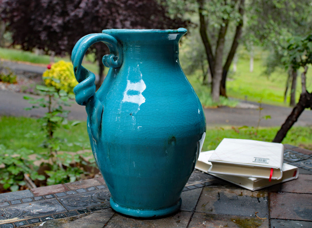Vintage Hand Thrown Heavy Water Jug with Twisted Handle.
