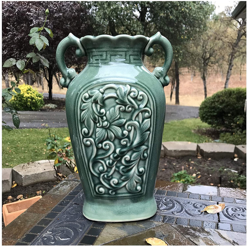 Fine Ceramic Porcelain Green Ancient Aged Floral Embellished Asian Water Container