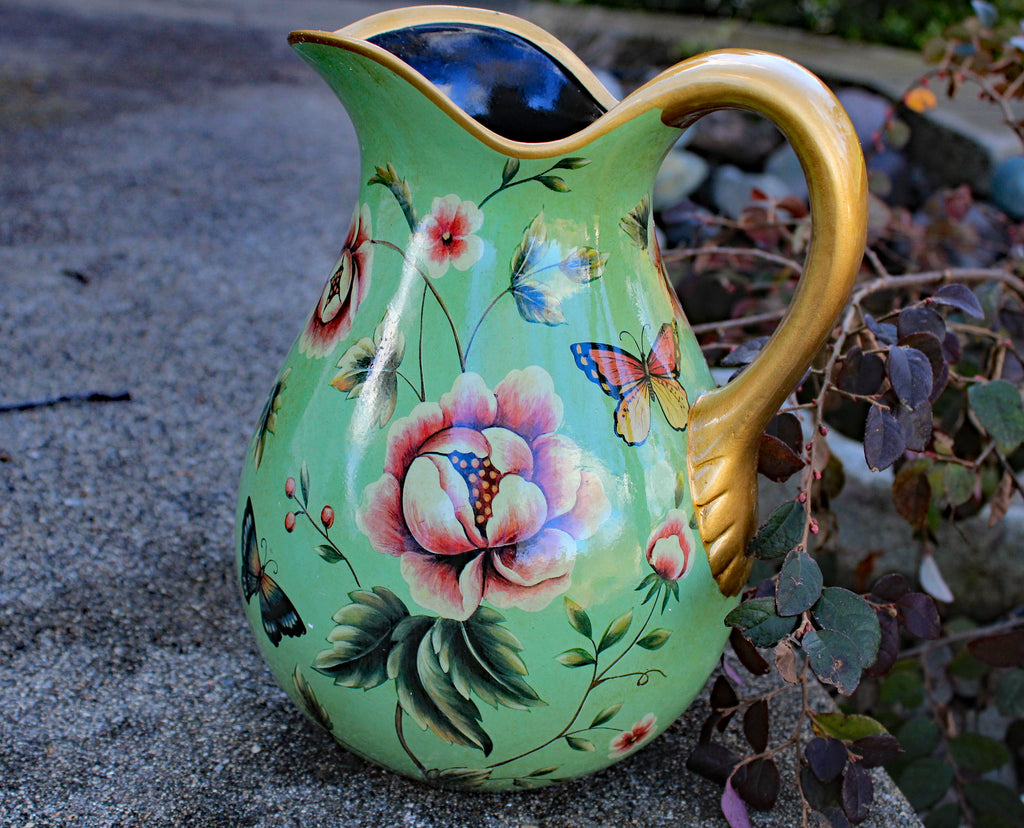 Country Time Flower and Butterfly Wrapped Display Pitcher. Green Body with Gold Trim