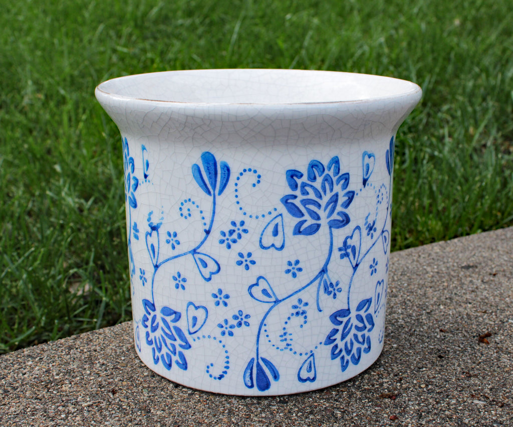 Hand Pressed Old World Ceramic Blue and White Flower Pattern Flared Lip planters