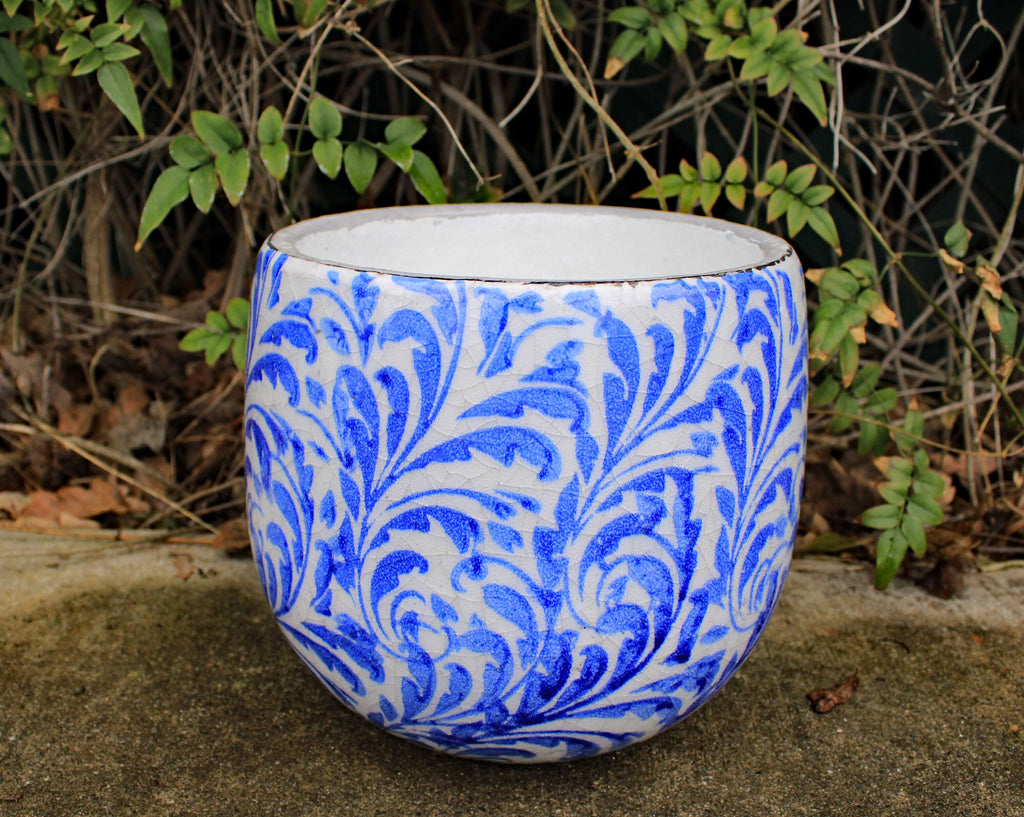 Old World Ceramic Blue and White Feather Pattern Fat Belly Round planters
