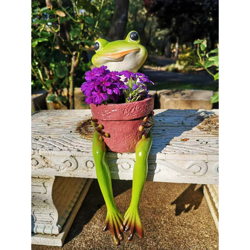 Cute Resin Sitting Frog Holding a Garden Pot for Indoor and Outdoor use