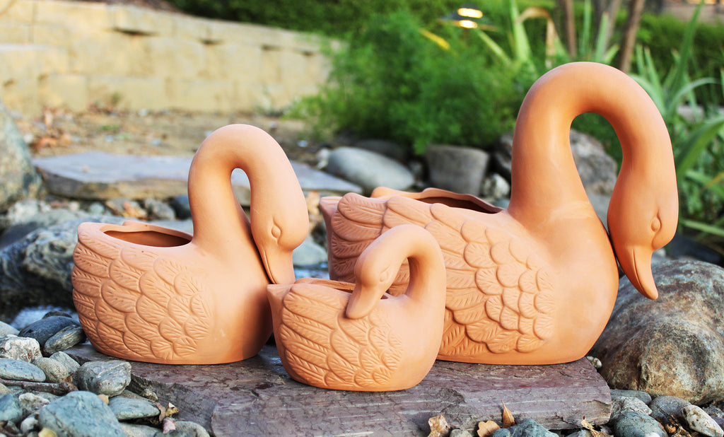 Elegant Natural Terracotta Family Theme Swan Planters.