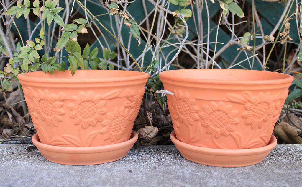 Raised Sunflower Embellished Natural Terra Cotta Garden Pots with Trays