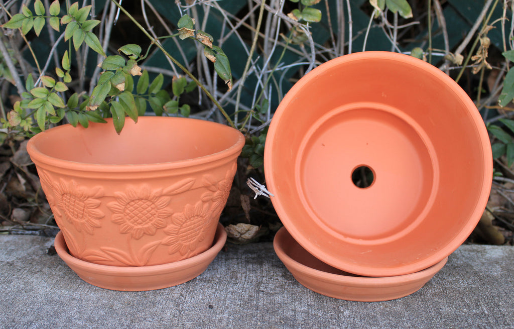 Raised Sunflower Embellished Natural Terra Cotta Garden Pots with Trays