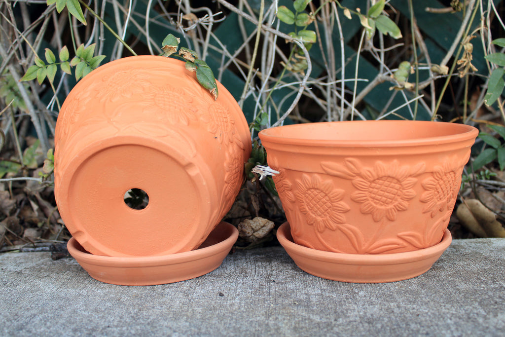 Raised Sunflower Embellished Natural Terra Cotta Garden Pots with Trays