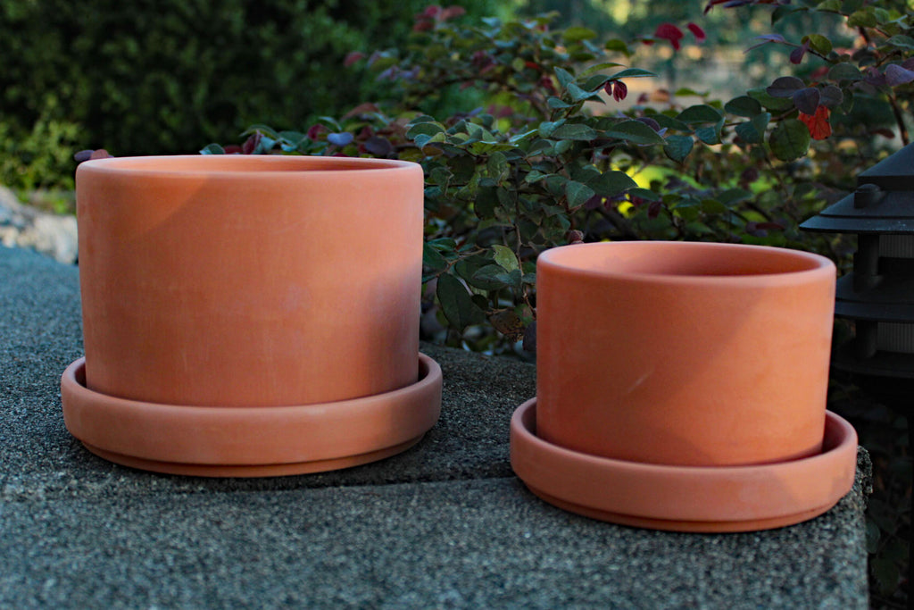 Set of 2 Natural Terracotta Round Fat Walled Garden Planters with Individual Trays. (Large Size)