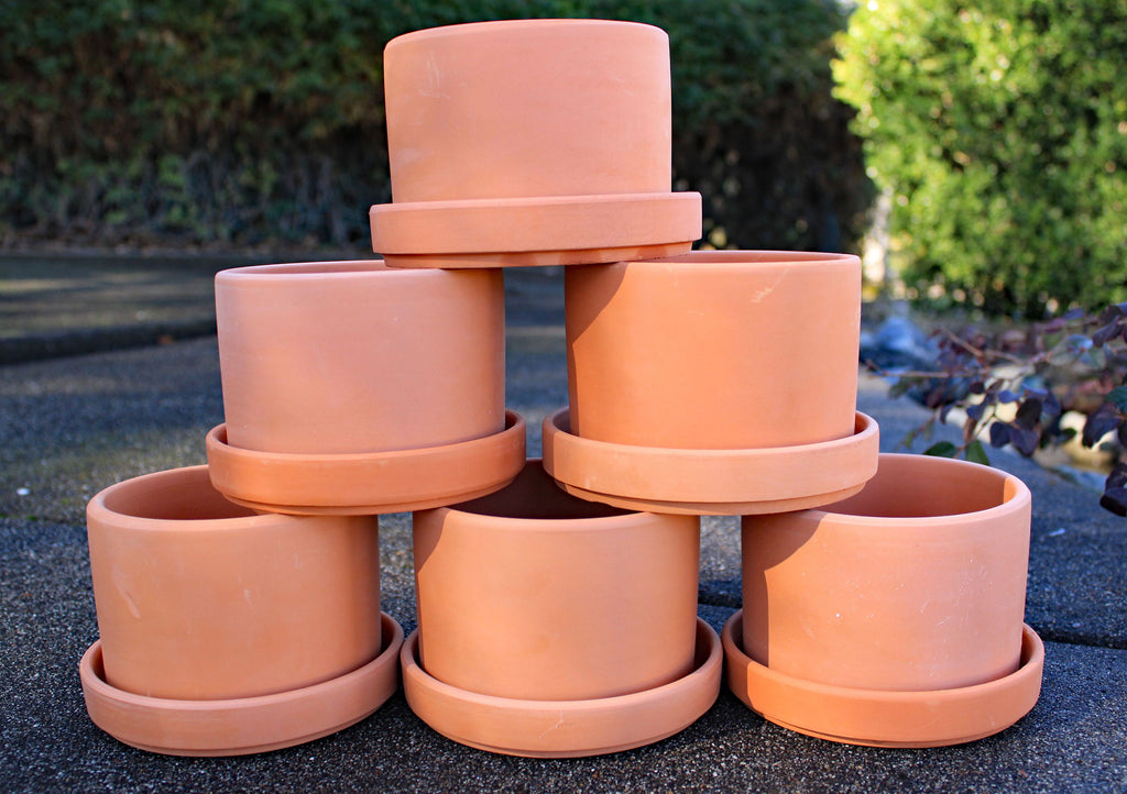 Natural Terracotta Round Fat Walled Garden Planters with Individual Trays.