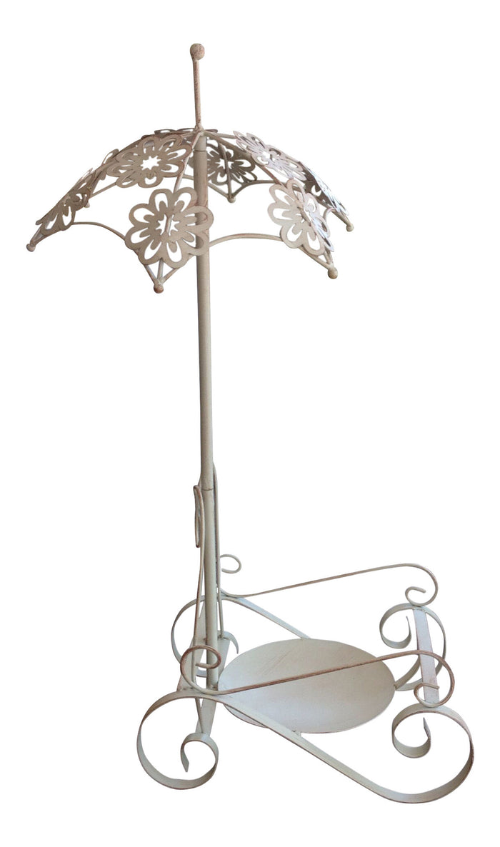 Antique Cream White Iron Plant Stand or Planter Holder with Floral Umbrella Highlight