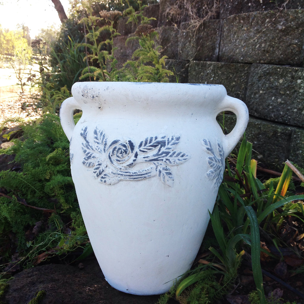 Vintage white Hand Pressed Ancient Stressed Terracotta Round Flower Pot