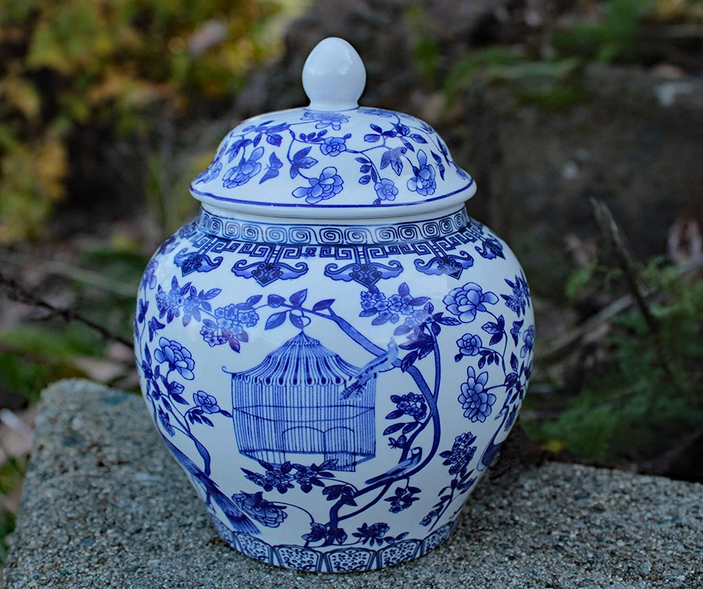 Blue and White Porcelain Decorative Temple Helmet Jar (Peacock with cage)