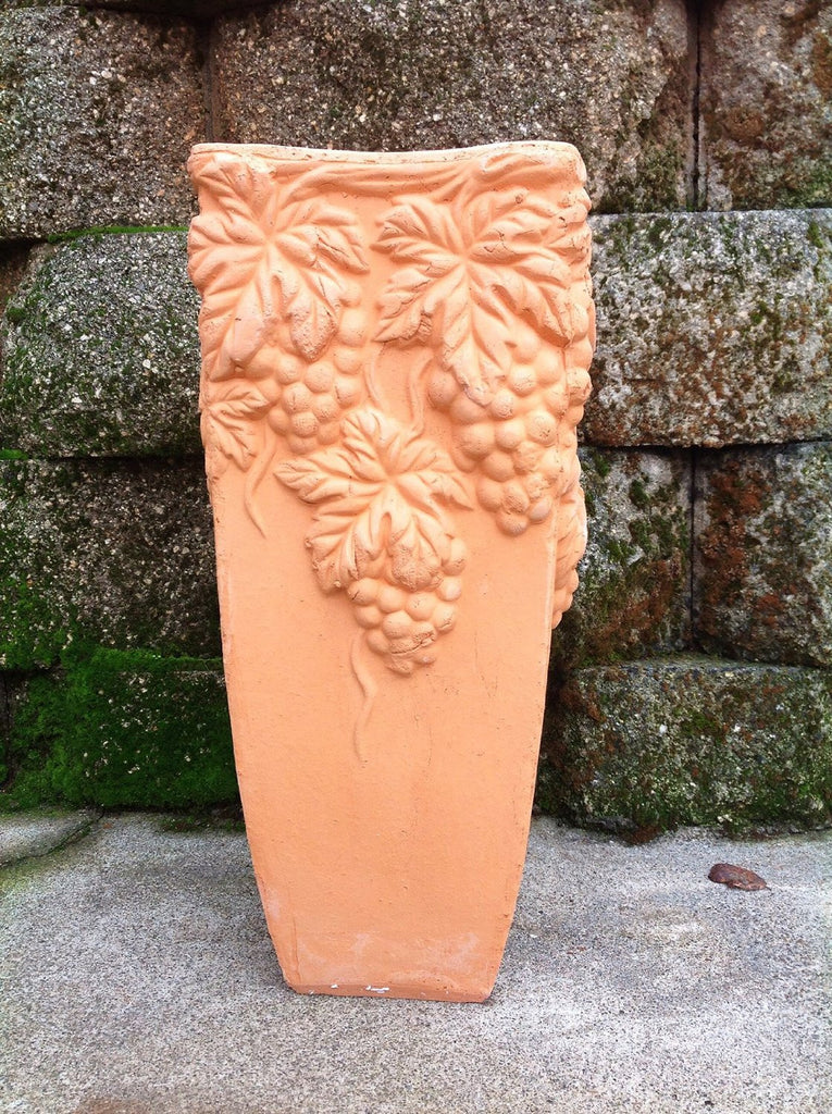 Tall Hand Pressed Ancient Terracotta Square Grapevine Embellished Flower Planter