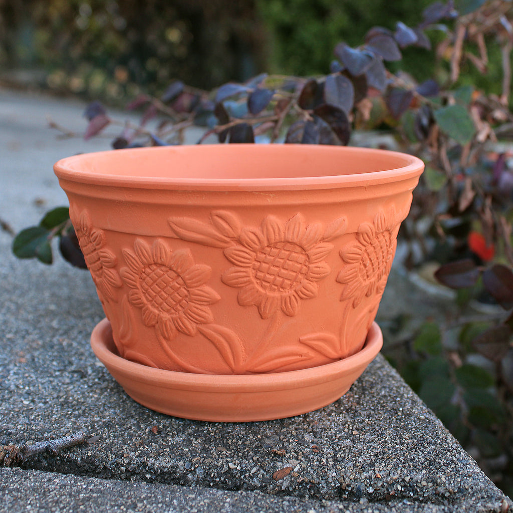 Raised Sunflower Embellished Natural Terra Cotta Garden Pots with Trays