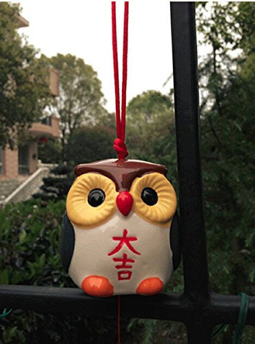 Ceramic Hand Painted Japanese Lucky 'Fukuroh' Owl Wind Bell