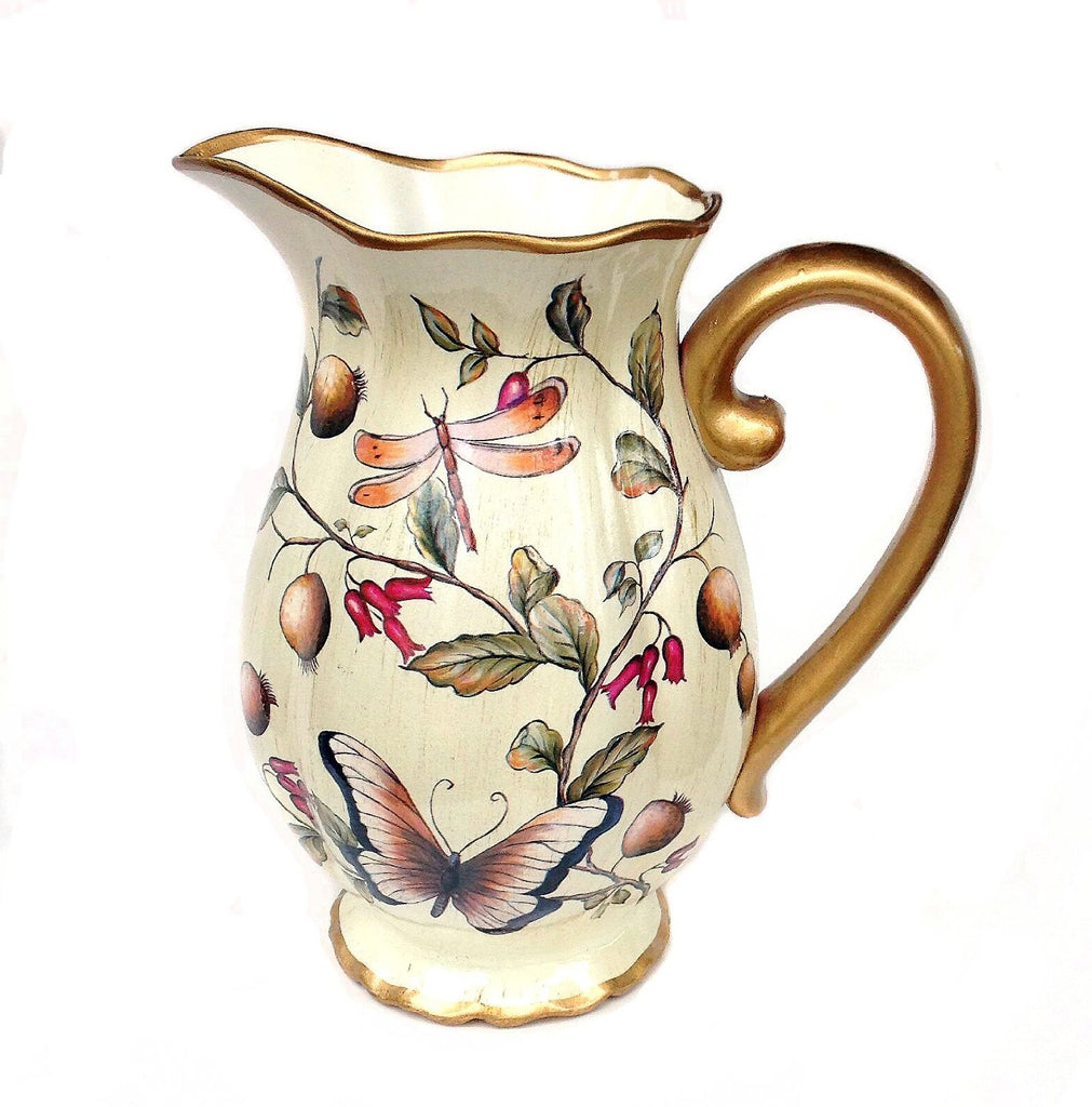 Cream Floral with Butterfly Ceramic Decorative Beautiful Vase or Pitcher