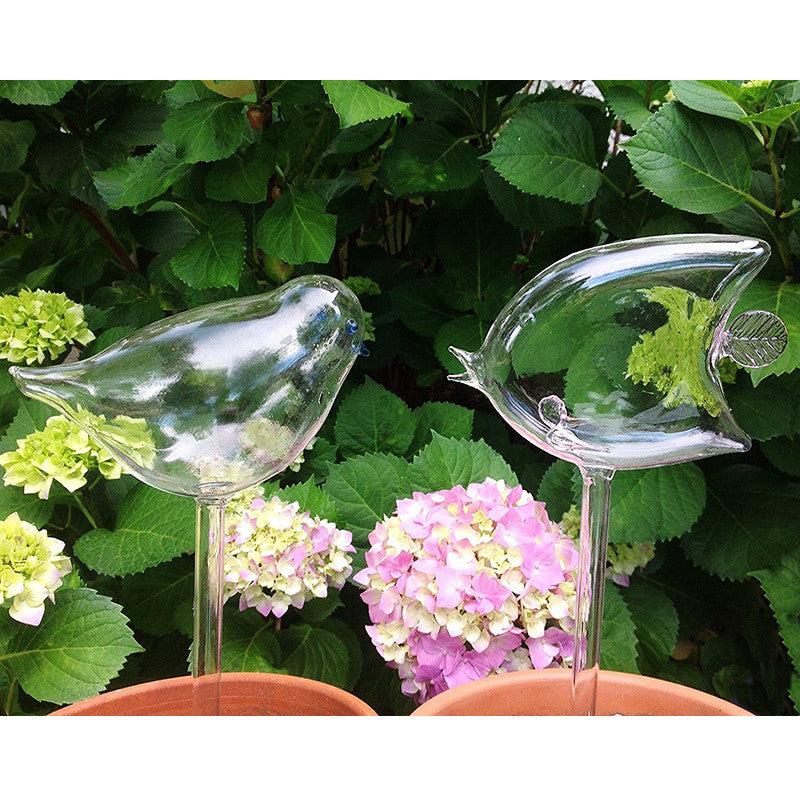 Set of 2 Hand Blown Glass Self Watering Globes Angel Fish and Bird Spikes