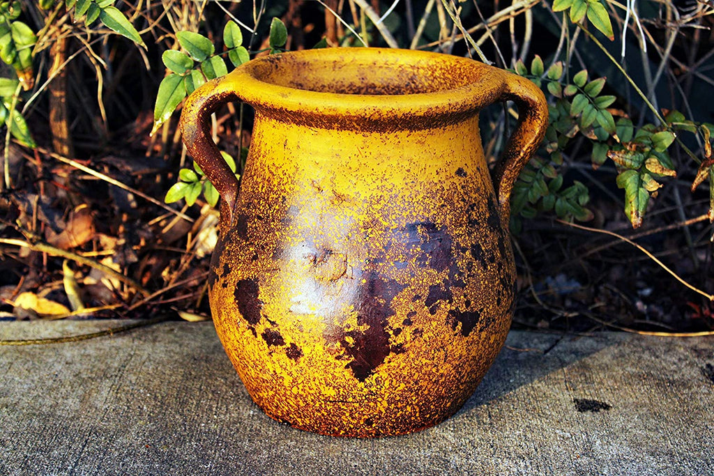 Egyptian Era Designed Earthen Ware Terra-Cotta Vessel/Planter with Looped Handles ,Tulip Pumpkin Yellow