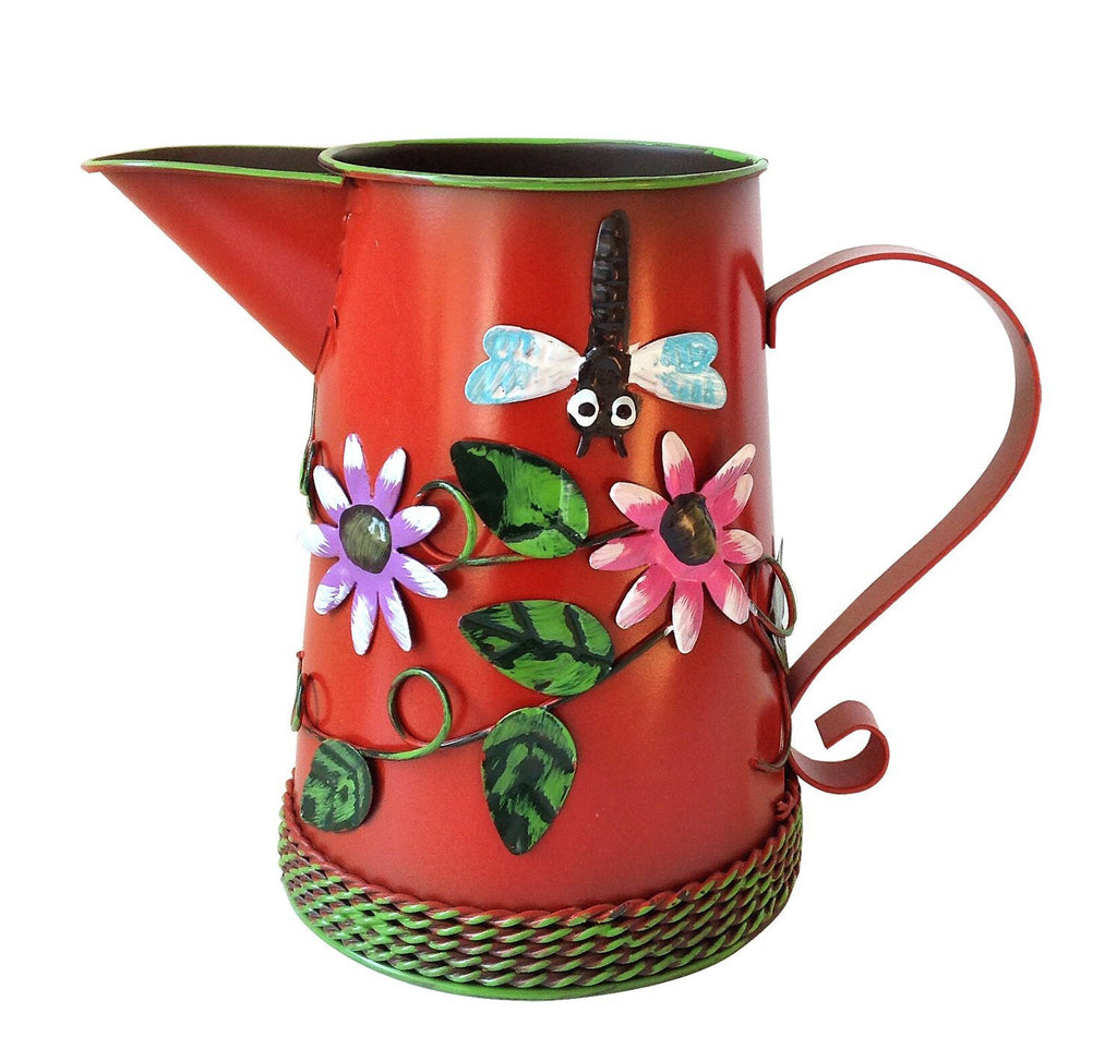 Country Chic Metal Watering Can with Raised Ladybug and Floral Highlights