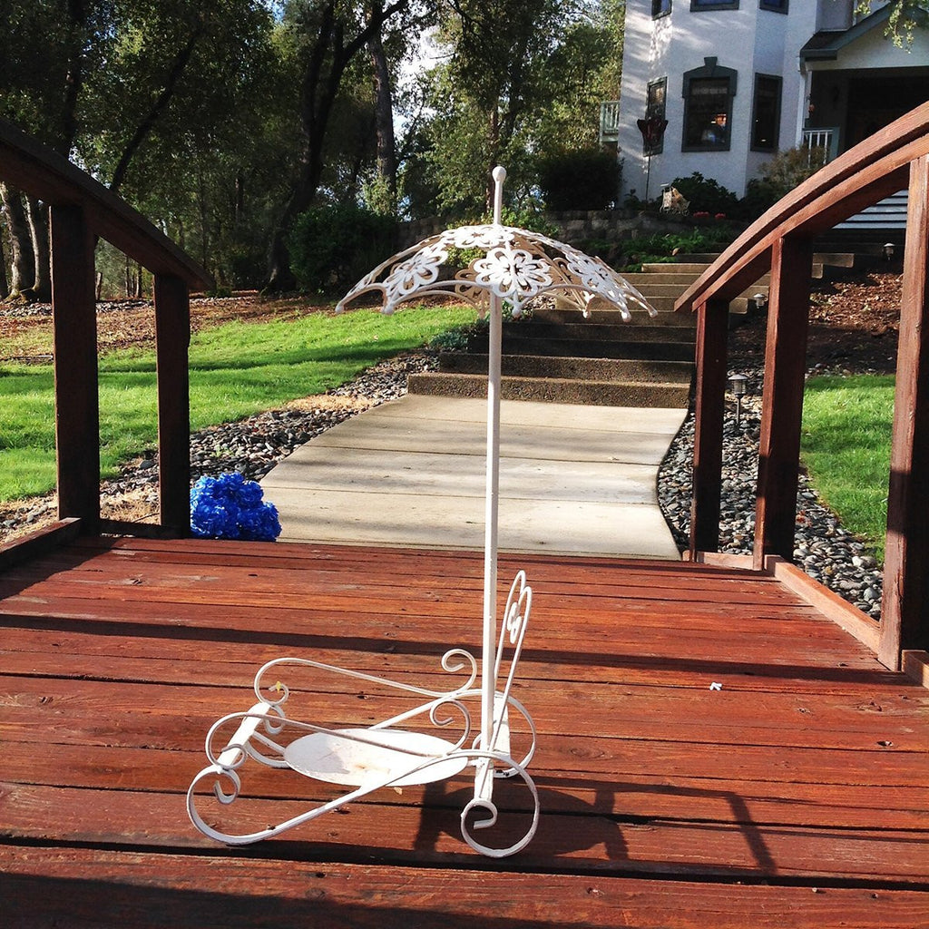 Antique Cream White Iron Plant Stand or Planter Holder with Floral Umbrella Highlight