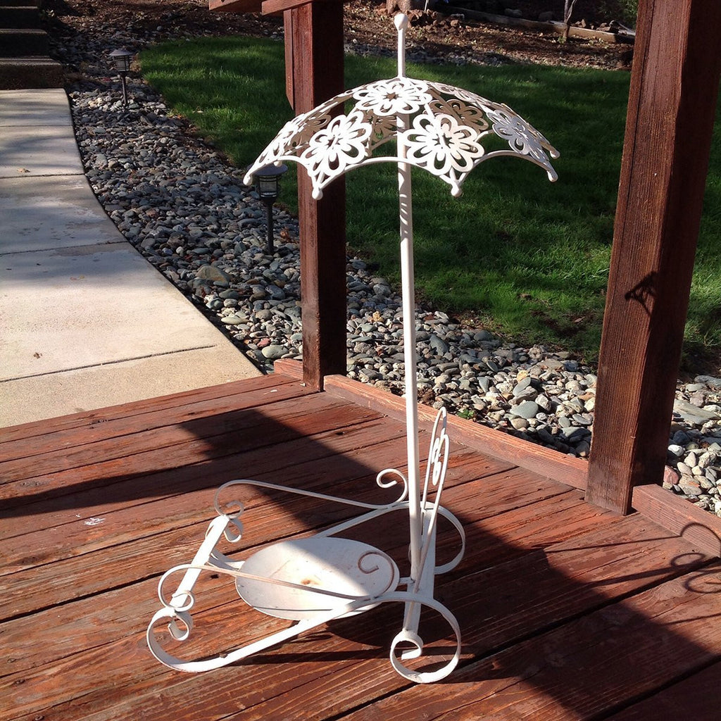 Antique Cream White Iron Plant Stand or Planter Holder with Floral Umbrella Highlight