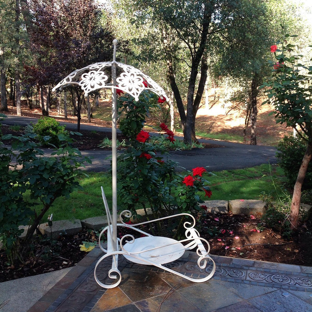 Antique Cream White Iron Plant Stand or Planter Holder with Floral Umbrella Highlight