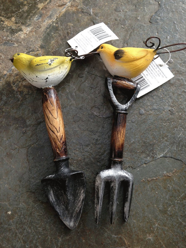 Set of 2 Poly Resin Bird Topped Garden Stake Shovel and Fork Yellow and Green/Red and Green