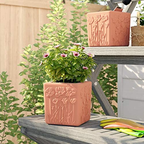 Set of 2 Natural Colored Terracotta Flower Encrusted Square Shaped Planters