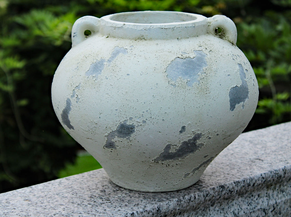 Hand Pressed Ancient Stressed Terracotta Round Flower Pot or Planter with Loop Handles Forming a Water Jug, Vintage White