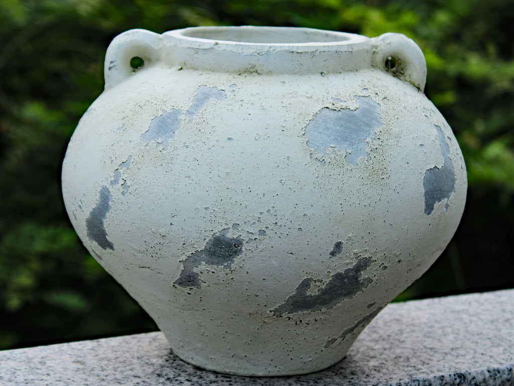 Hand Pressed Ancient Stressed Terracotta Round Flower Pot or Planter with Loop Handles Forming a Water Jug, Vintage White