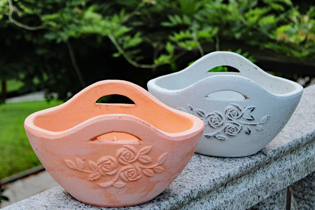 hand shaped plant pot Upgraded Hand-pressed terracotta basket shaped garden planter with embellished flower, 2 colors available