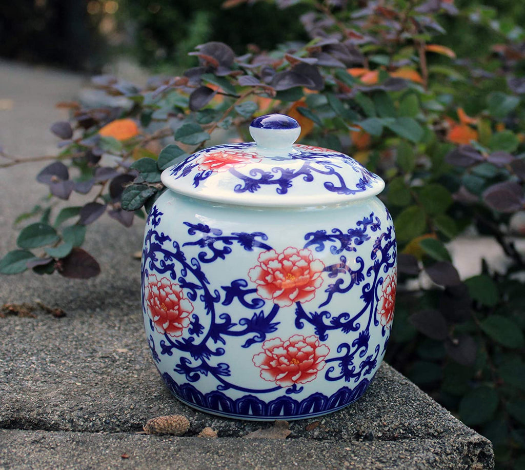 Ancient Chinese Style Blue and White Porcelain Helmet-shaped Temple Jar, red and blue peony