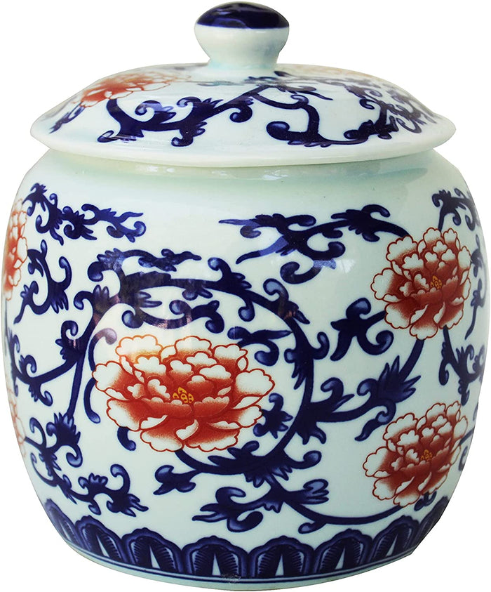 Ancient Chinese Style Blue and White Porcelain Helmet-shaped Temple Jar, red and blue peony