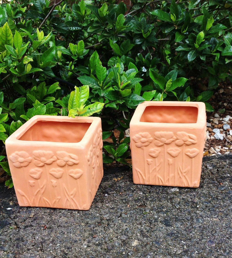 Set of 2 Natural Colored Terracotta Flower Encrusted Square Shaped Planters