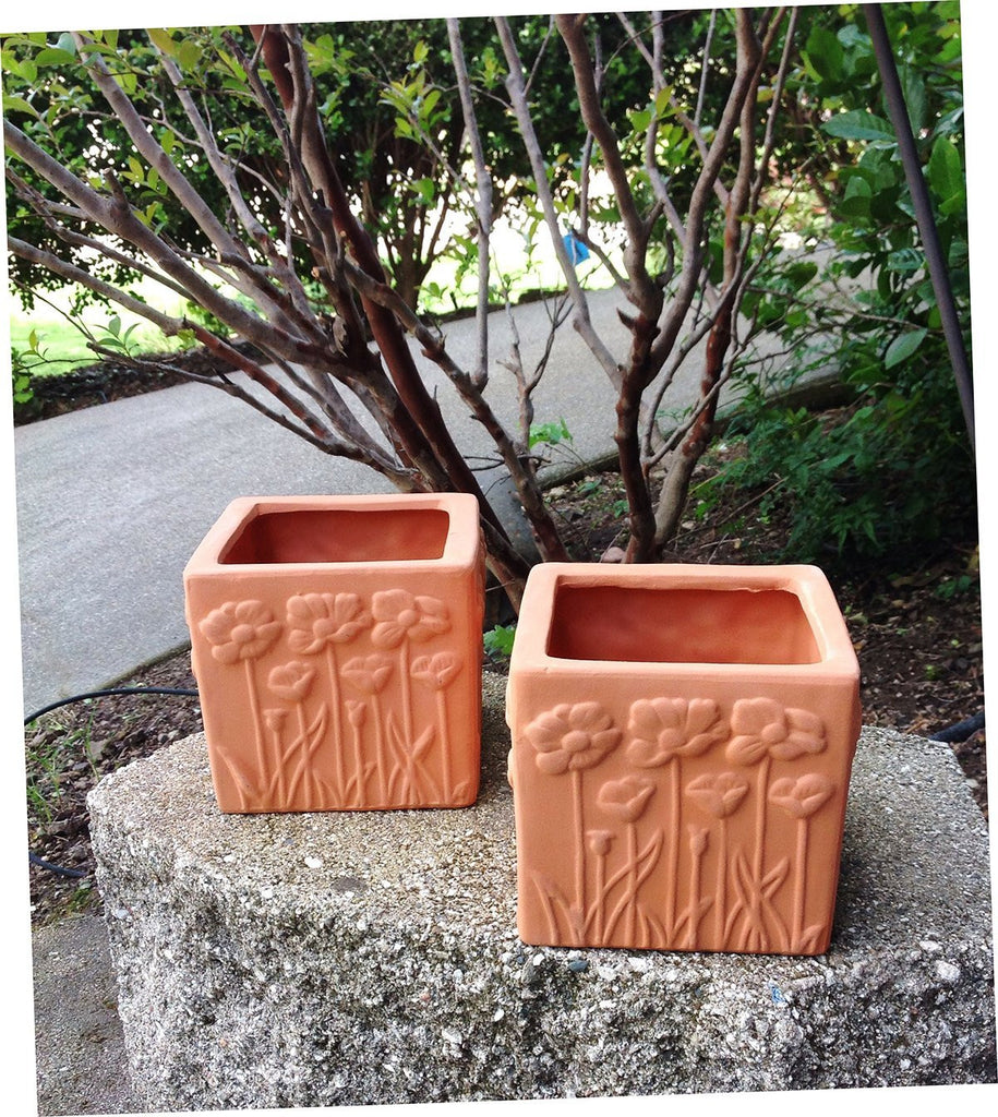 Set of 2 Natural Colored Terracotta Flower Encrusted Square Shaped Planters