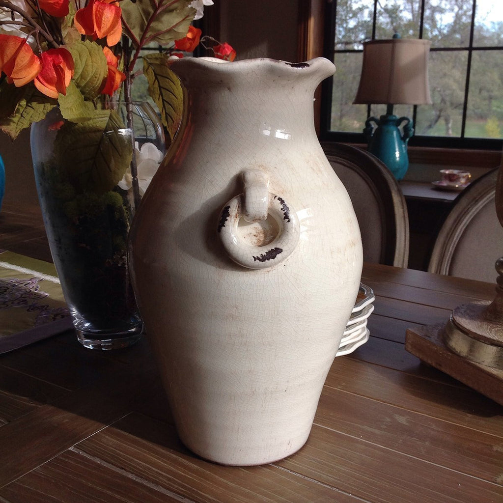 Vintage Old World Hand Thrown Water Jug with Faux Ring Handles.  2 colors available
