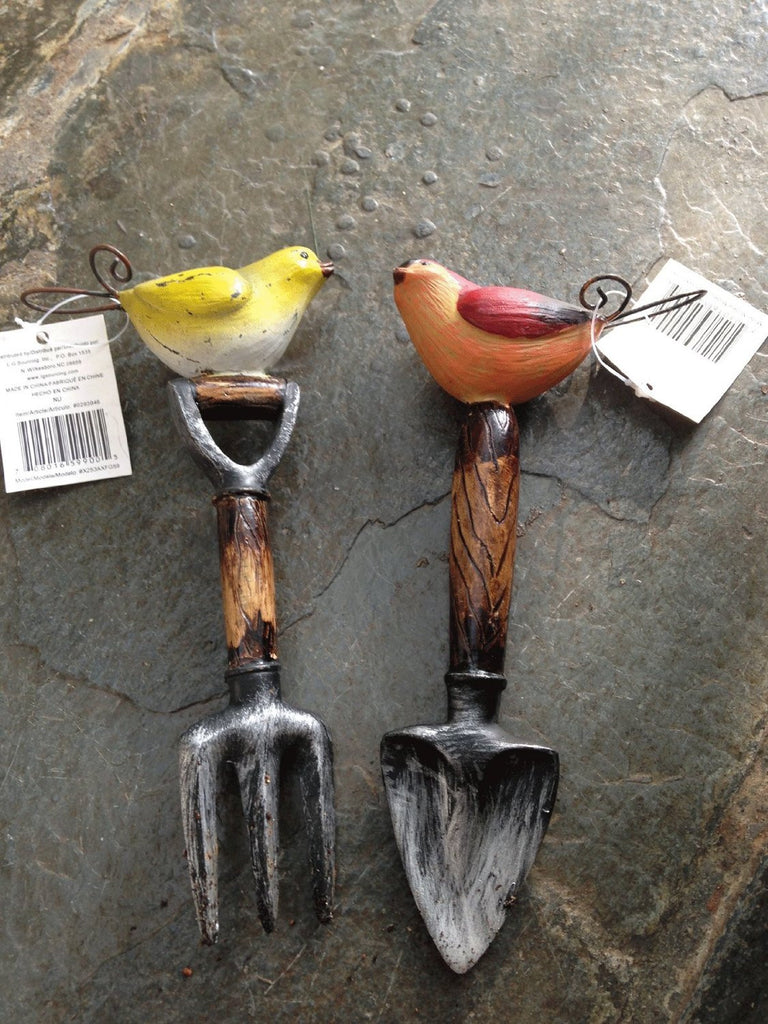 Set of 2 Poly Resin Bird Topped Garden Stake Shovel and Fork Yellow and Green/Red and Green